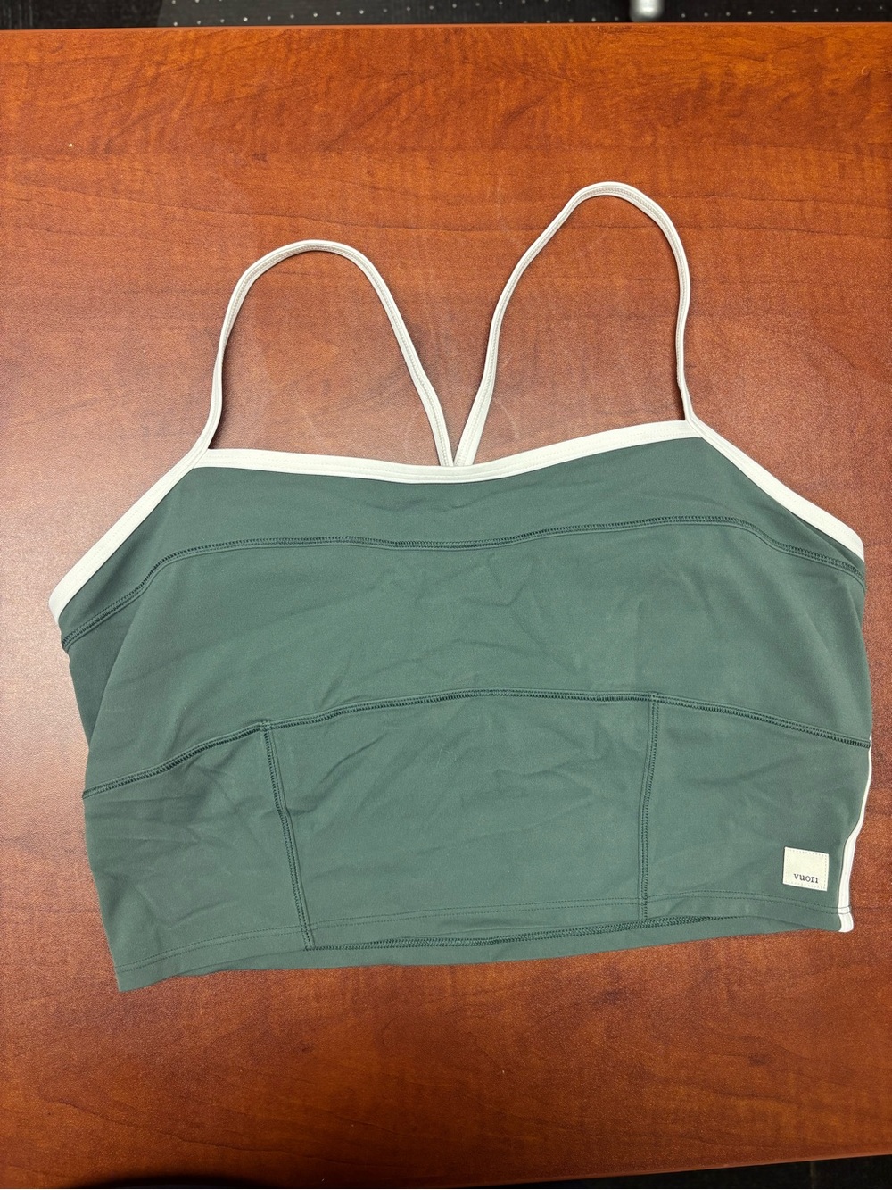 Vuori Forest Green Cropped Strappy Tank with Cream Trim